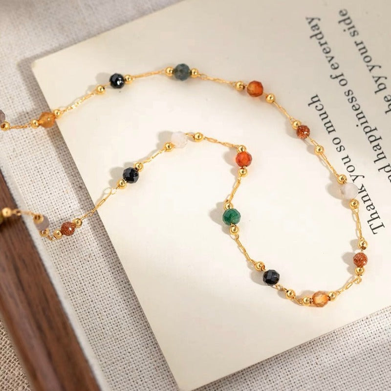 Natural Stone Gold Chain Chic Necklace Colorful Stone With 14K Gold Plated Clasp