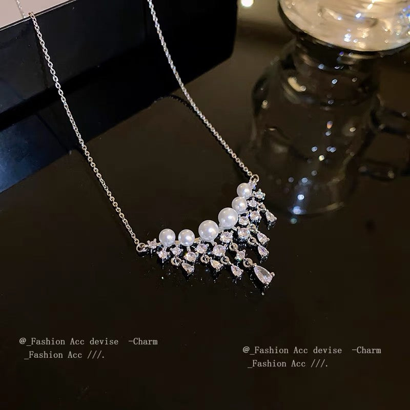 Pearl Silver Waterfall Necklace Pearl with Zircon Shining Drop Tassels Necklace