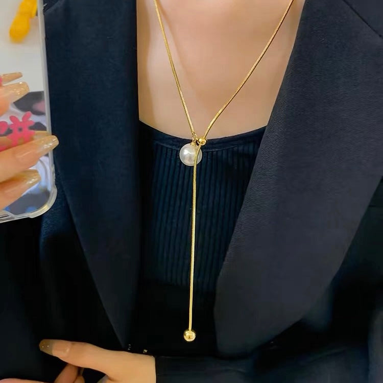 Long Pearl Drop Necklace Elegant Gold and Silver Sweater Chain