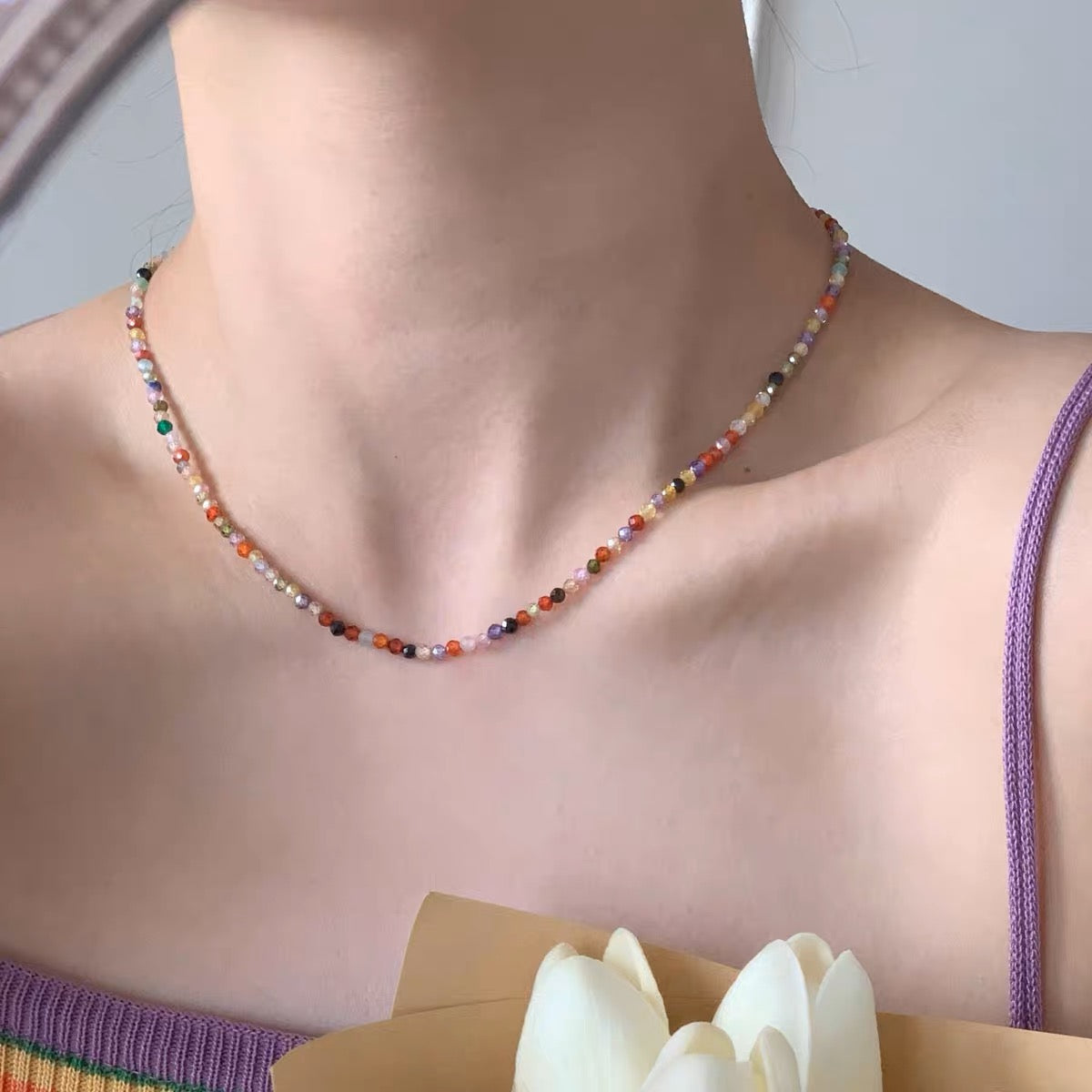 Colorful Stone Choker Necklace with S925 Silver Settings
