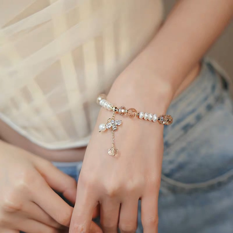 Freshwater Pearl and Crystal Bracelet with Honey Bee Charm Gold Settings