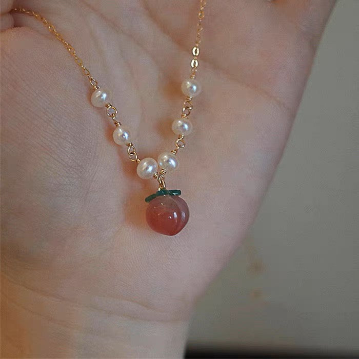 Peach Drop Necklace Bracelet and Earrings Freshwater Pearl and Gold Chain Jewelry Set for Girls