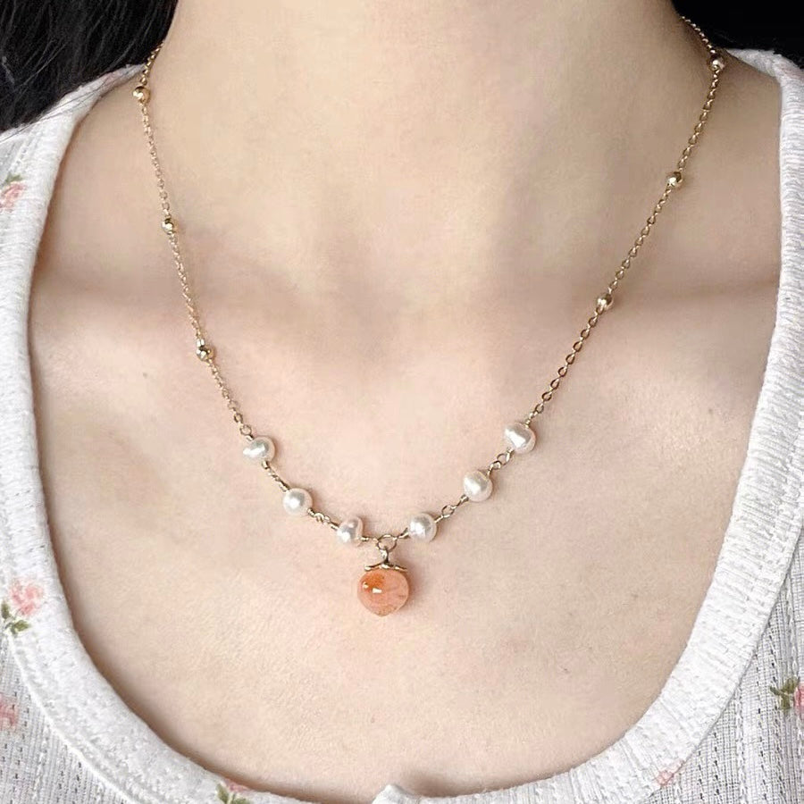 Peach Drop Necklace Bracelet and Earrings Freshwater Pearl and Gold Chain Jewelry Set for Girls