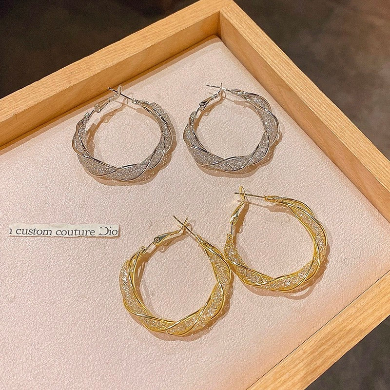 Twisted Hoop Earrings | Gold and Silver Hoop Earrings | Diamond Hoop Earrings with Sterling Silver Pins