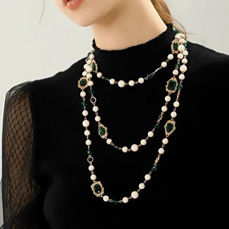 Green Crystal and Shell Pearl Long Necklace Glass and Pearl Dress Chain Sweater Chain
