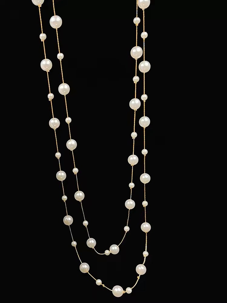 Collar de perlas de concha súper largo, cadena de perlas grandes y pequeñas multicolores para vestido y suéter