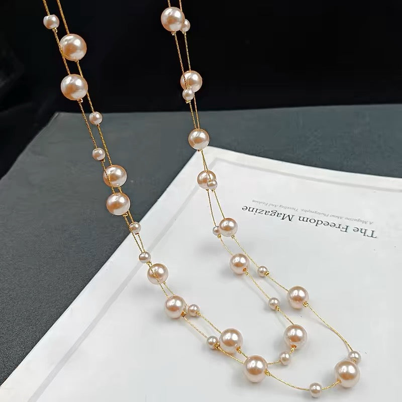 Collar de perlas de concha súper largo, cadena de perlas grandes y pequeñas multicolores para vestido y suéter