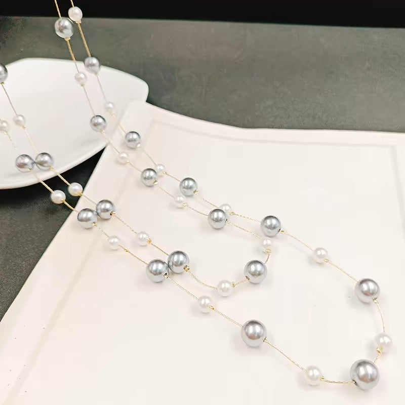 Collar de perlas de concha súper largo, cadena de perlas grandes y pequeñas multicolores para vestido y suéter