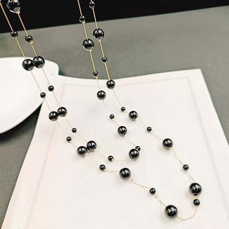 Collar de perlas de concha súper largo, cadena de perlas grandes y pequeñas multicolores para vestido y suéter