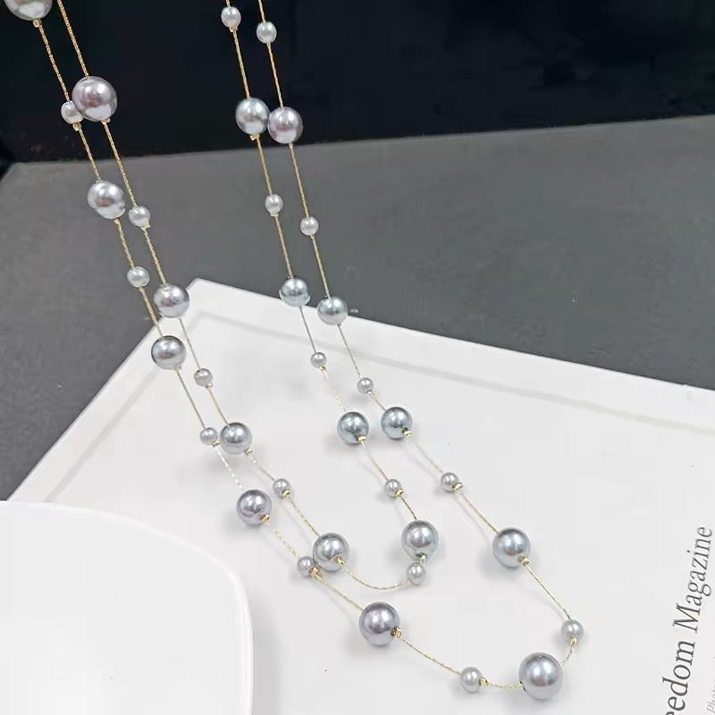 Collar de perlas de concha súper largo, cadena de perlas grandes y pequeñas multicolores para vestido y suéter