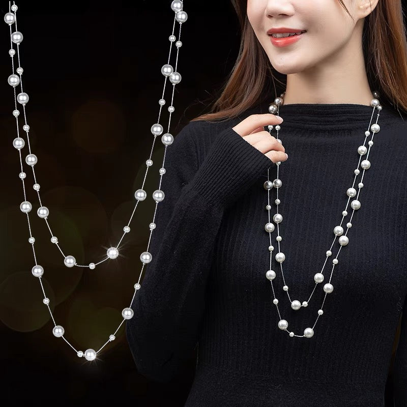 Collar de perlas de concha súper largo, cadena de perlas grandes y pequeñas multicolores para vestido y suéter