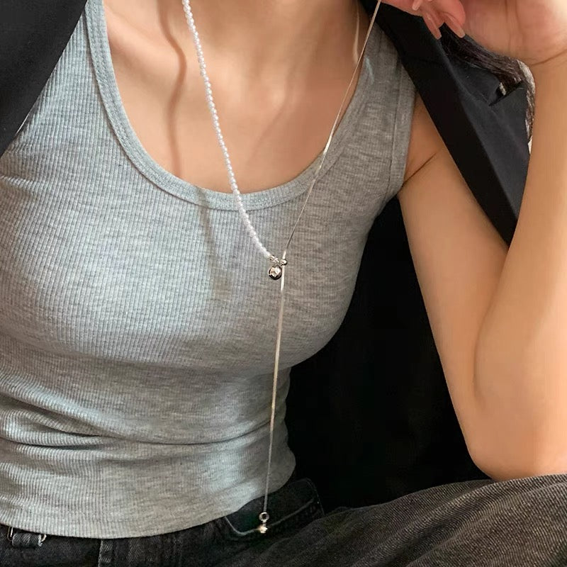 New Pearl Sweater Chain Long Free Adjust Gold and Silver Drop Necklace