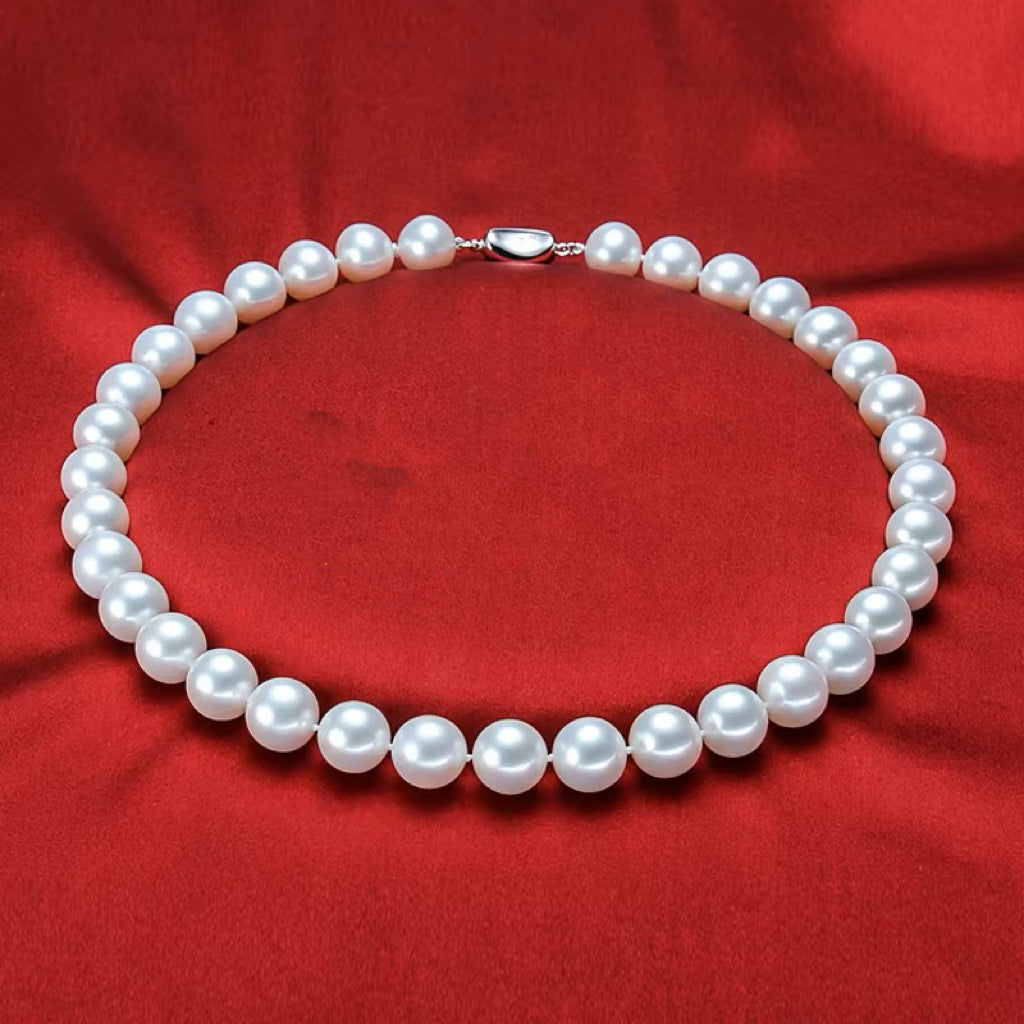 9-10mm Big AAAA Cultured Freshwater Pearl Necklace | High Luster Round Real Pearl Necklace in Sterling Silver