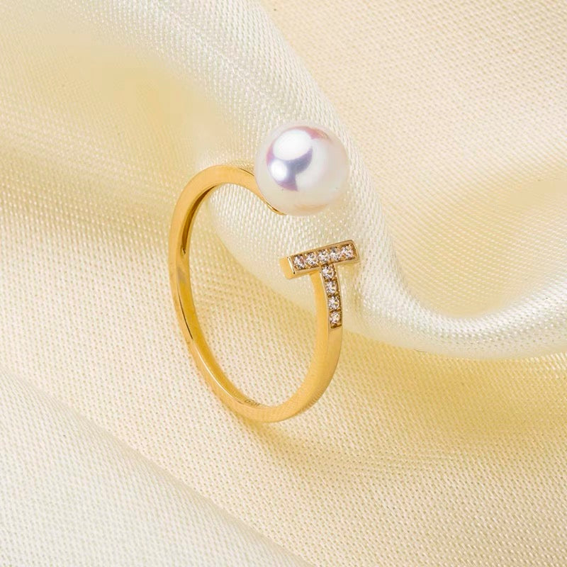 7-8mm AAAA Freshwater Pearl Ring T Shape Solid Silver Open Ring Crystal High Luster Pearl Ring Adjustable Size