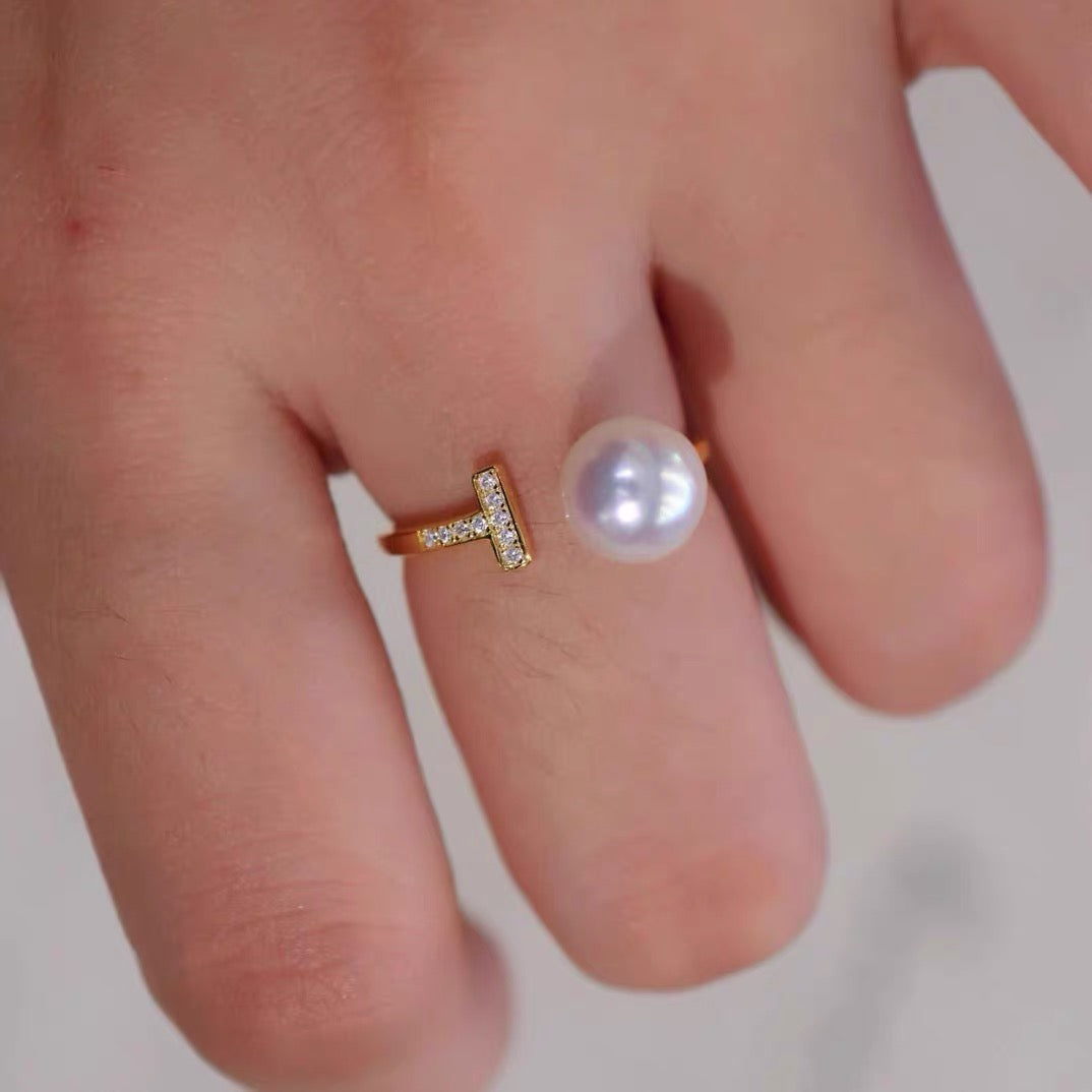 7-8mm AAAA Freshwater Pearl Ring T Shape Solid Silver Open Ring Crystal High Luster Pearl Ring Adjustable Size