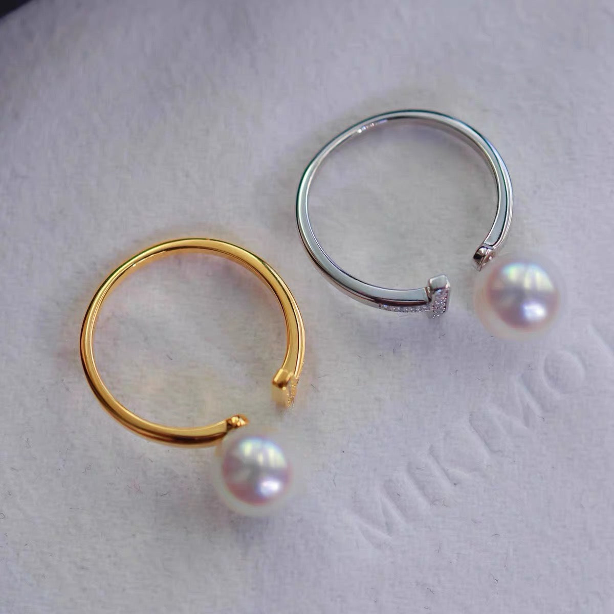 7-8mm AAAA Freshwater Pearl Ring T Shape Solid Silver Open Ring Crystal High Luster Pearl Ring Adjustable Size