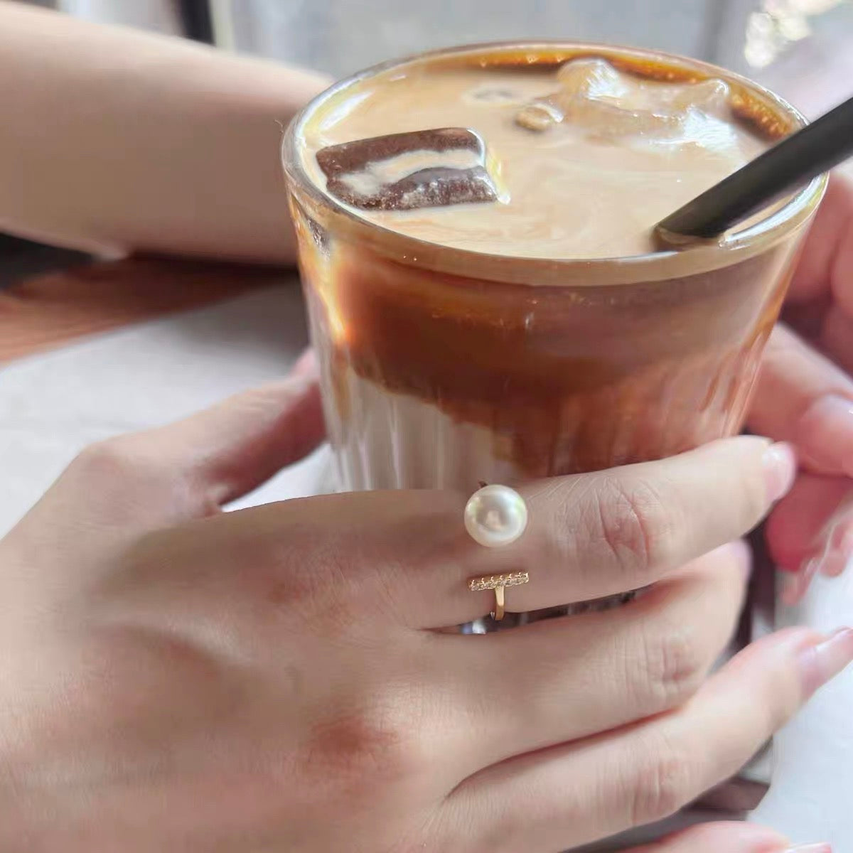 7-8mm AAAA Freshwater Pearl Ring T Shape Solid Silver Open Ring Crystal High Luster Pearl Ring Adjustable Size