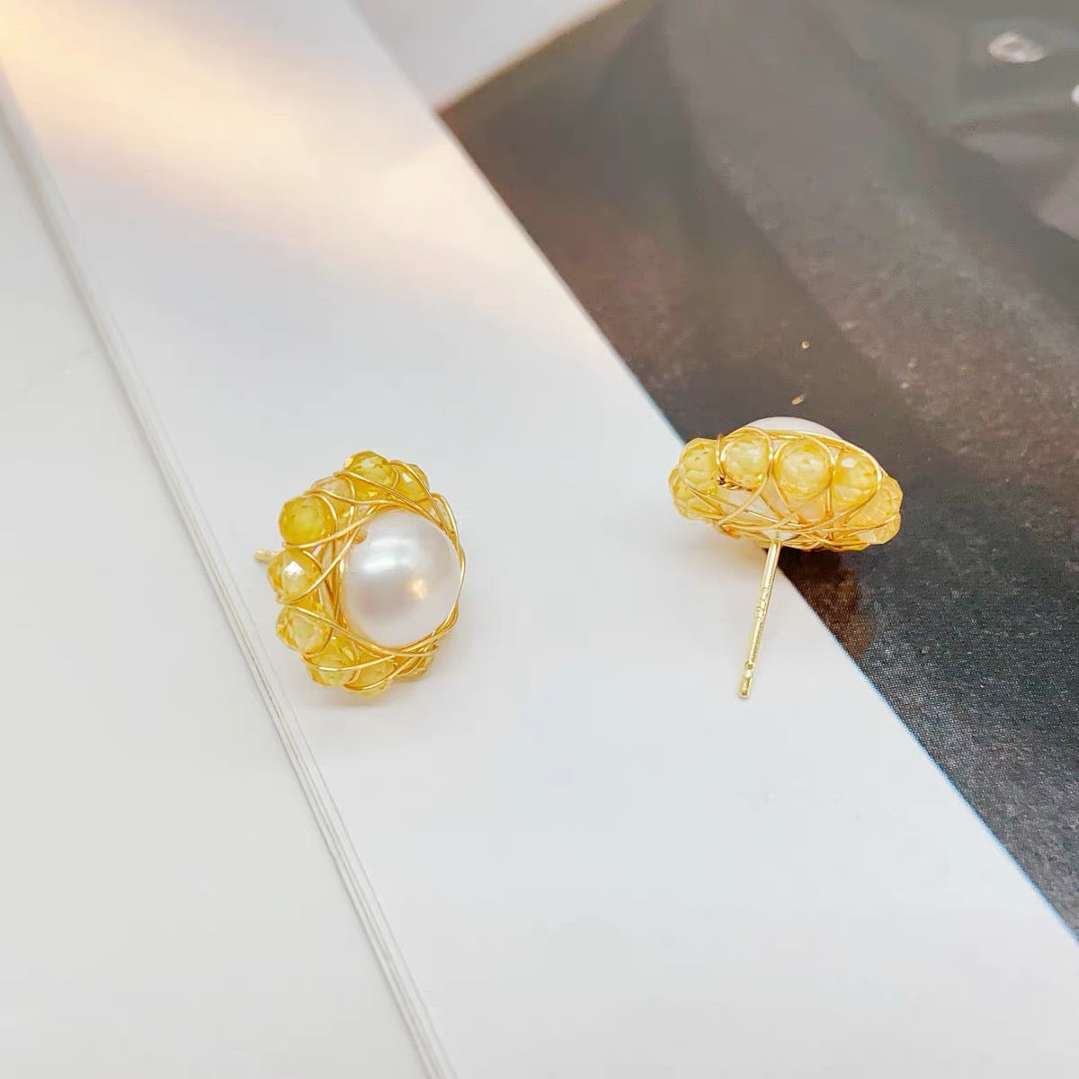 AAA Freshwater Pearl Earrings | Sunflower Design Real Pearl Stud Earrings with Stones (8-9mm)