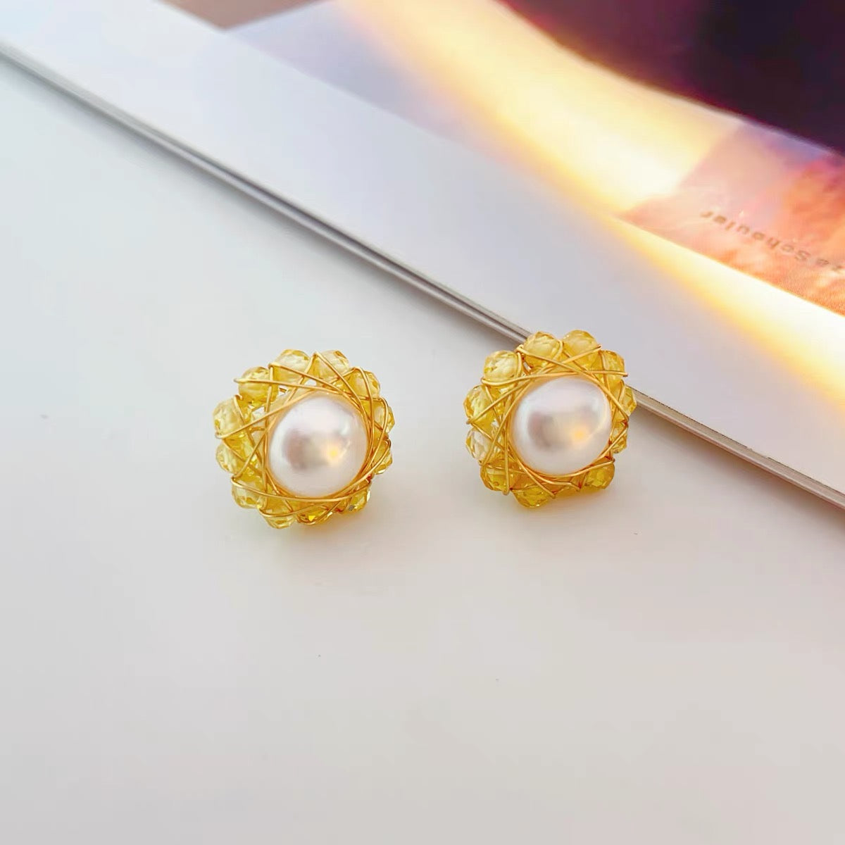 AAA Freshwater Pearl Earrings | Sunflower Design Real Pearl Stud Earrings with Stones (8-9mm)