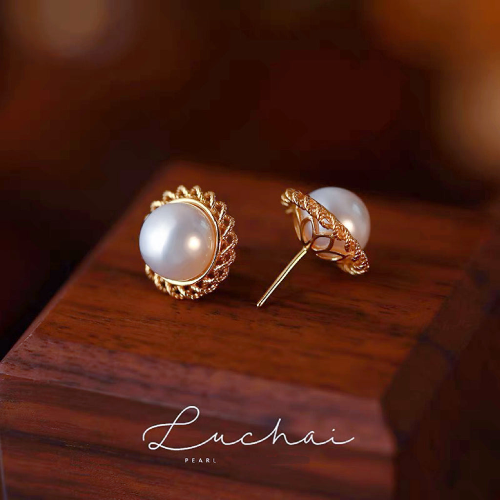 AAAA Super Big Freshwater Pearl Stud Earrings 12mm Real Pearl Studs in 18K Gold Over Sterling Silver