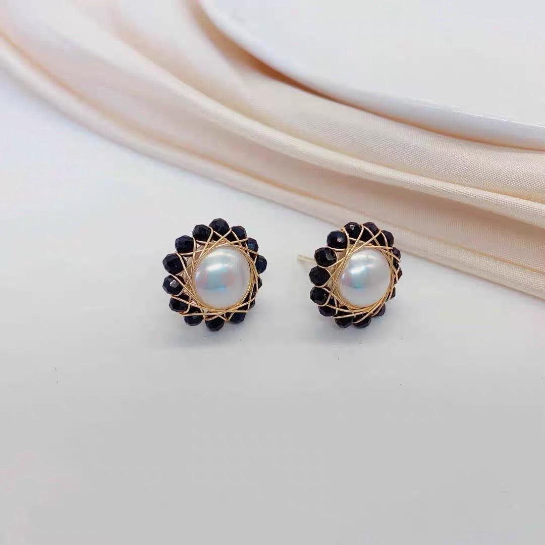 AAA Freshwater Pearl Earrings | Sunflower Design Real Pearl Stud Earrings with Stones (8-9mm)