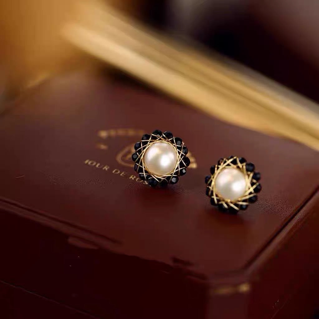 AAA Freshwater Pearl Earrings | Sunflower Design Real Pearl Stud Earrings with Stones (8-9mm)