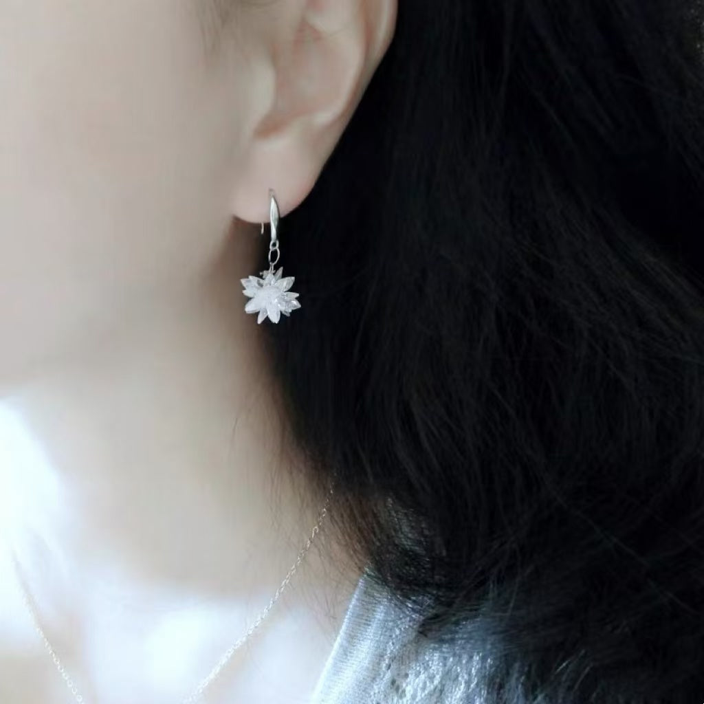 Ice Flower Earrings | Frozen Snow Flake Crystal Earrings | Crystal Drop Earrings with Gold Hoop for Women