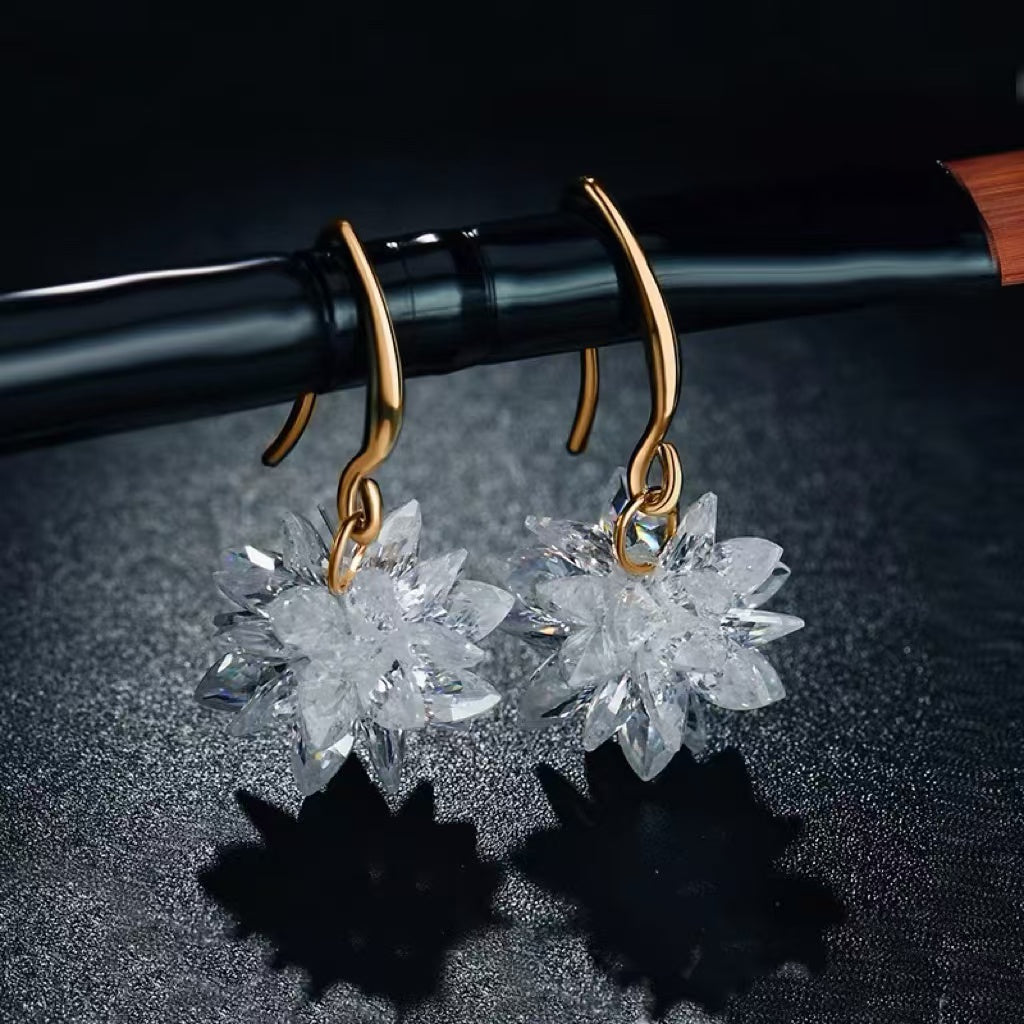 Ice Flower Earrings | Frozen Snow Flake Crystal Earrings | Crystal Drop Earrings with Gold Hoop for Women