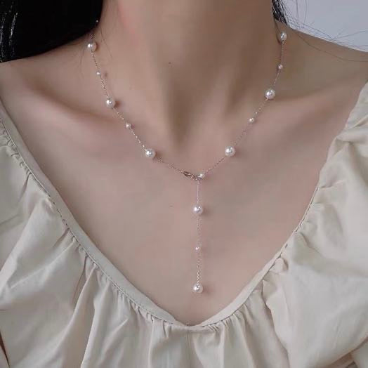 Scattered Pearl Necklace Tin Cup Pearl Necklace with Gold an Silver Plated Chain