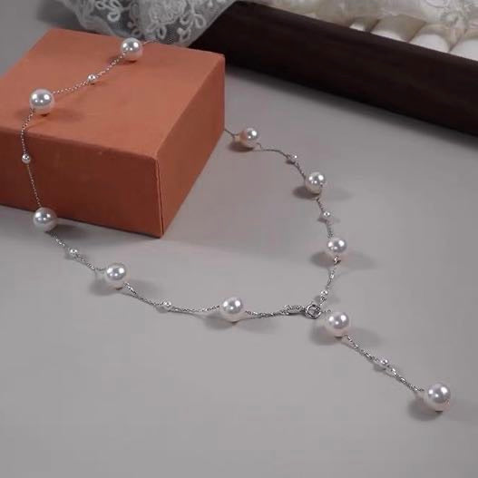 Scattered Pearl Necklace Tin Cup Pearl Necklace with Gold an Silver Plated Chain