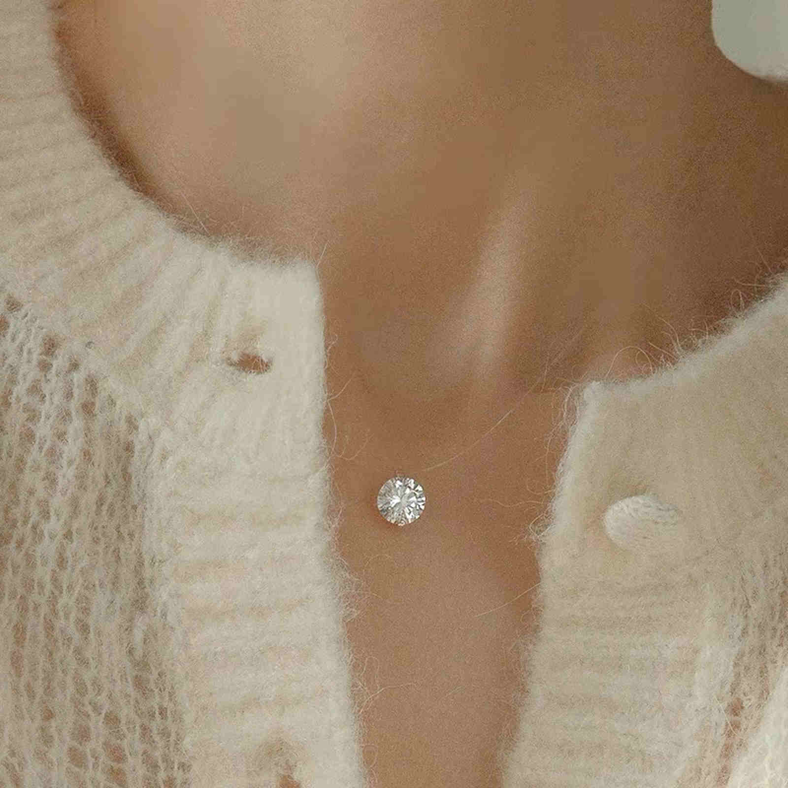 Floating 3ct Diamond Necklace Invisible Chain 8mm Big Crystal Zircon Pendant Necklace 45cm Long
