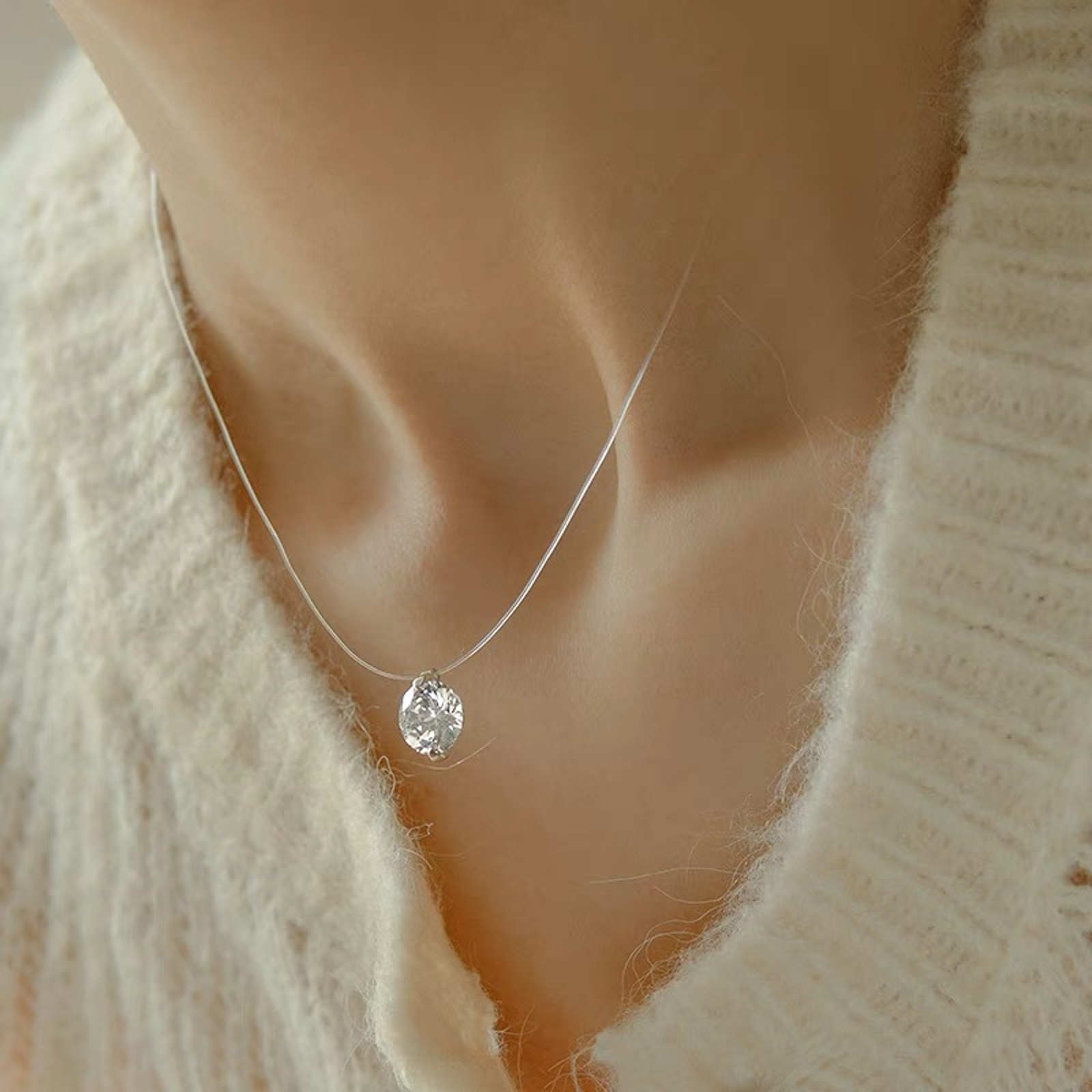 Floating 3ct Diamond Necklace Invisible Chain 8mm Big Crystal Zircon Pendant Necklace 45cm Long
