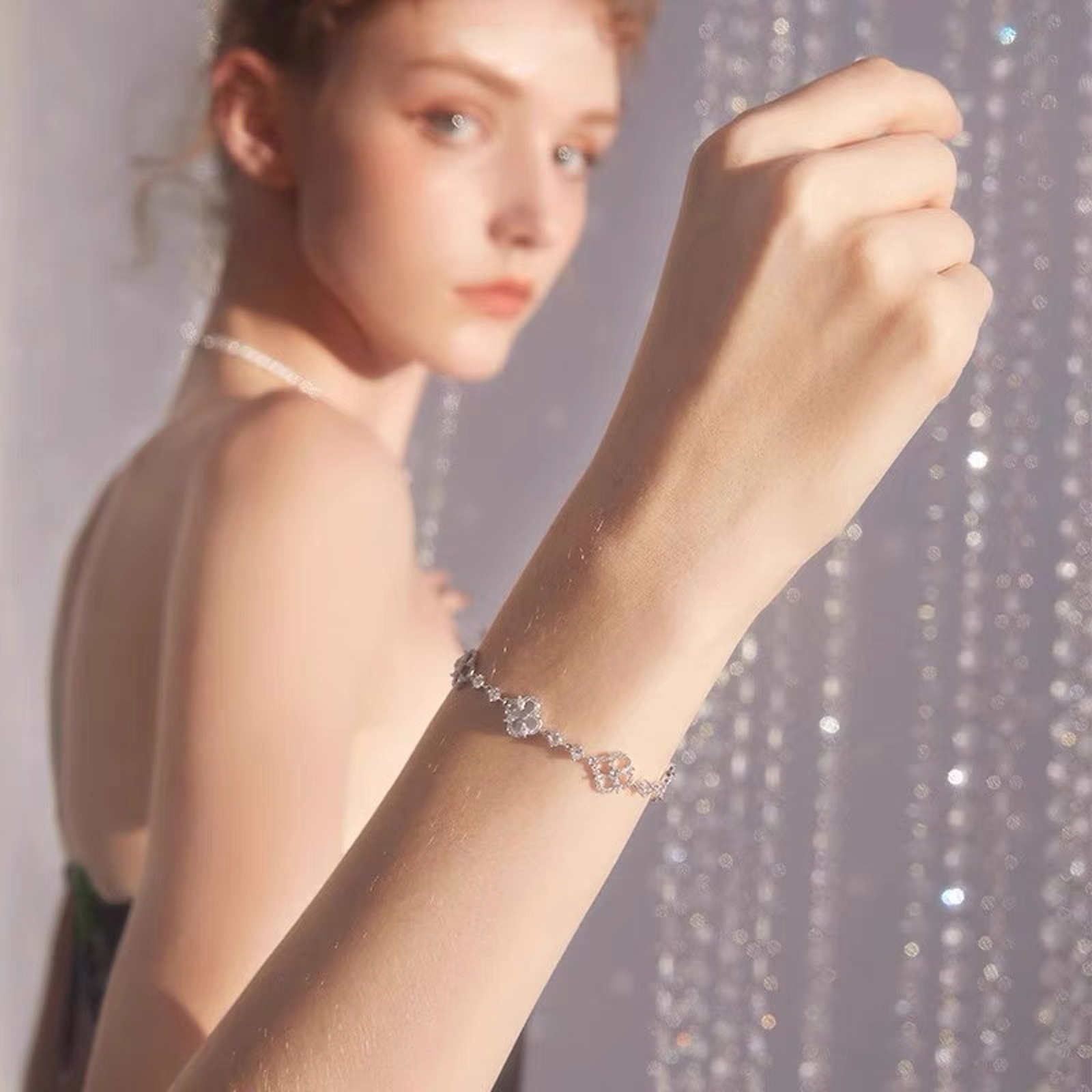 Crystal Clover Bracelets Luxury Style 14K Gold Plated Pink Clover Bracelet Length Adjustable