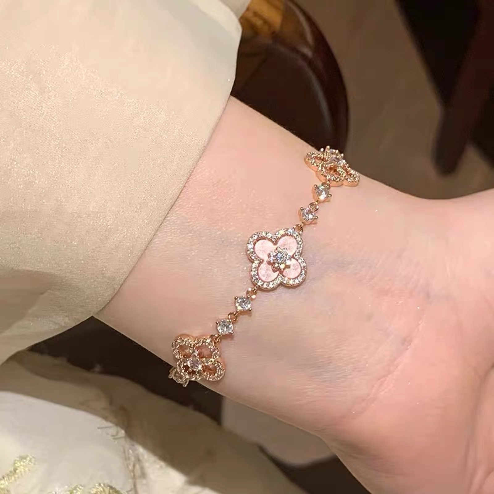 Crystal Clover Bracelets Luxury Style 14K Gold Plated Pink Clover Bracelet Length Adjustable