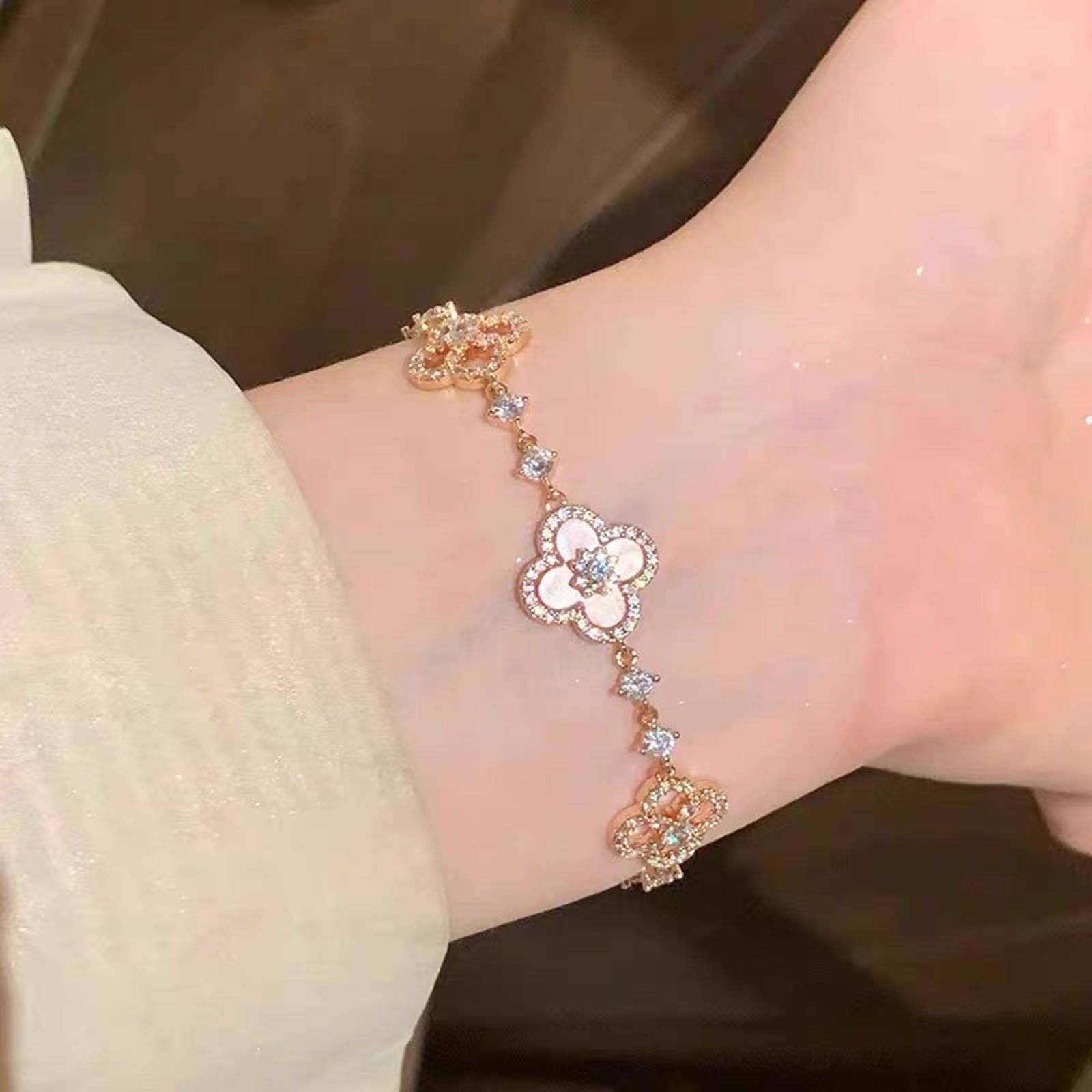 Crystal Clover Bracelets Luxury Style 14K Gold Plated Pink Clover Bracelet Length Adjustable