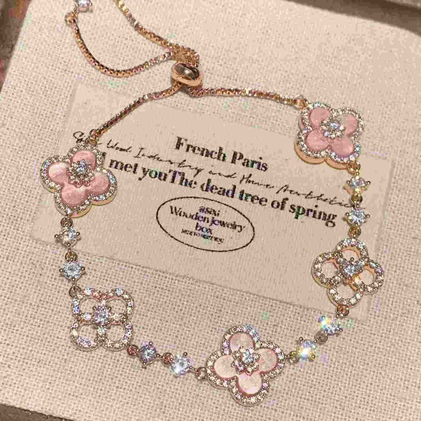 Crystal Clover Bracelets Luxury Style 14K Gold Plated Pink Clover Bracelet Length Adjustable