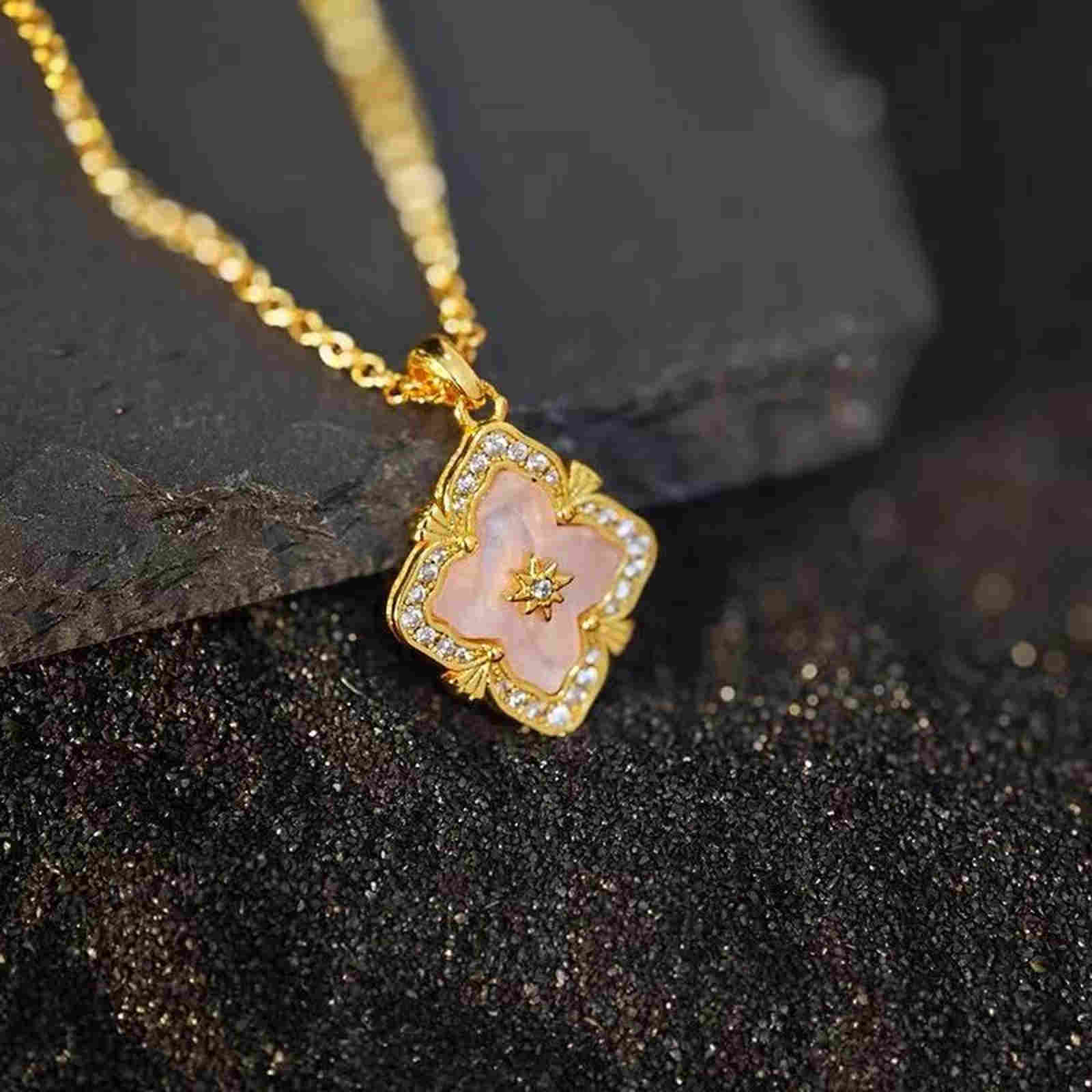 Luxury Mother of Pearl Clover Necklace 14K Gold Plated Chain Necklace