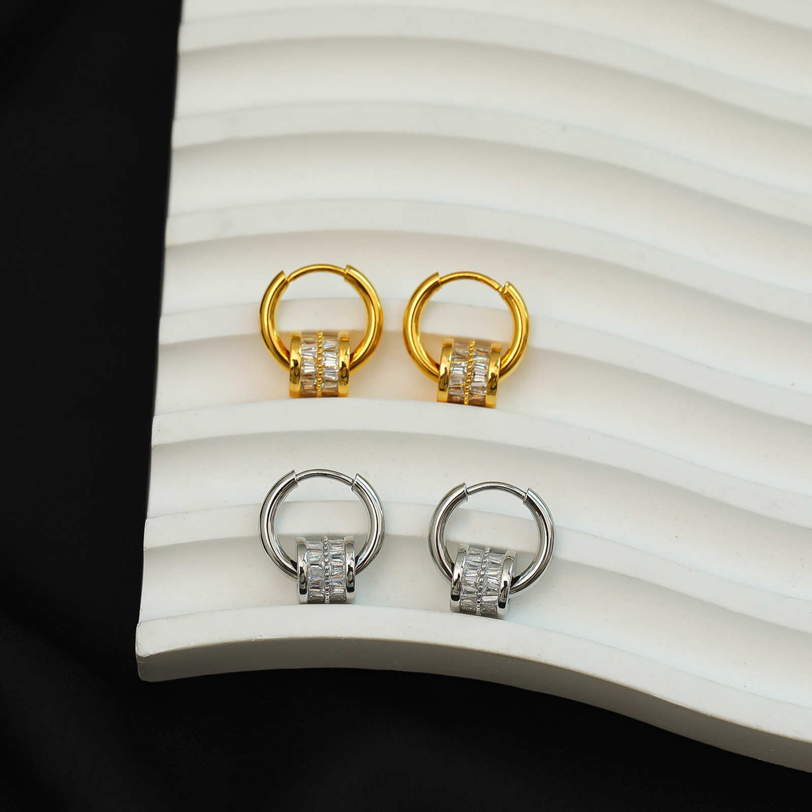 Small Chunky Hoop Earrings with Gold and Silver with Crystal Halo Hoop Drop Earrings S925 Silver Clasp