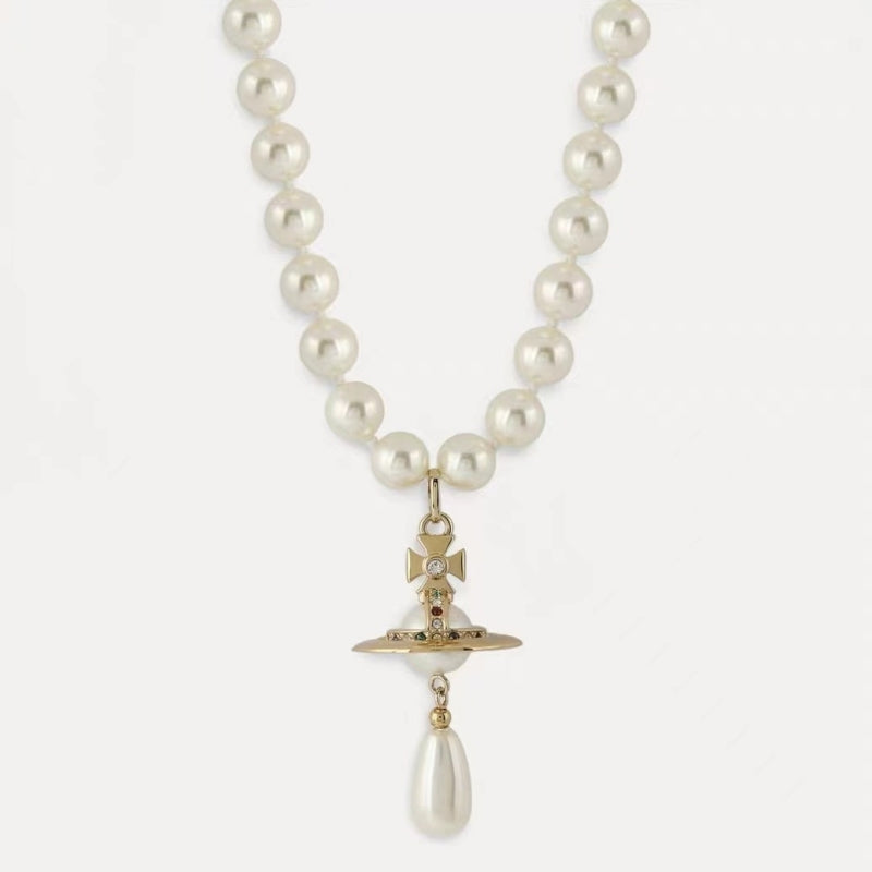 Shell Pearl Necklace with Saturn Pendant Pearl Drop Gold And Silver Avaliable