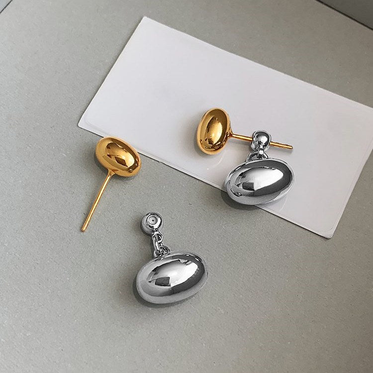 Chaquetas con pendientes de frijol dorado y plateado Pendientes colgantes delanteros y traseros con vibración metálica con pin de plata S925