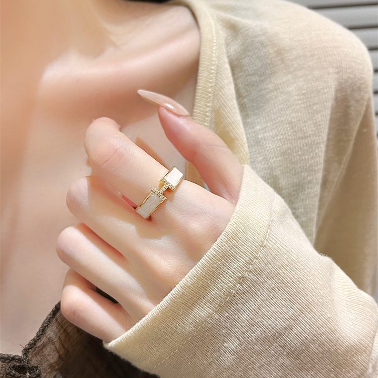 Enamel Adjustable Ring Crystal H Design Mother of Pearl Gold Open Ring