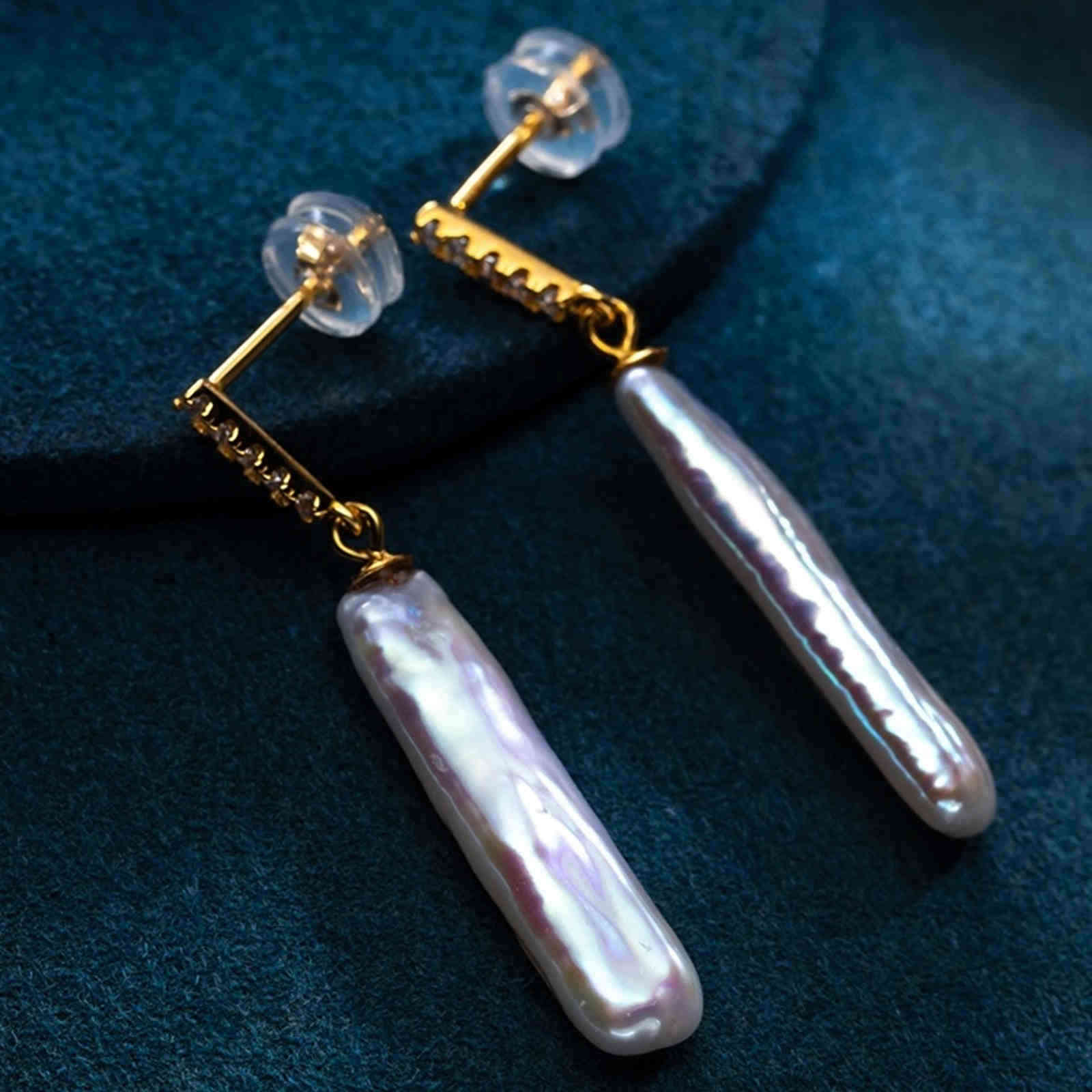 Pendientes de perlas reales de agua dulce, pendientes colgantes de perlas barrocas largas naturales con pasador de plata