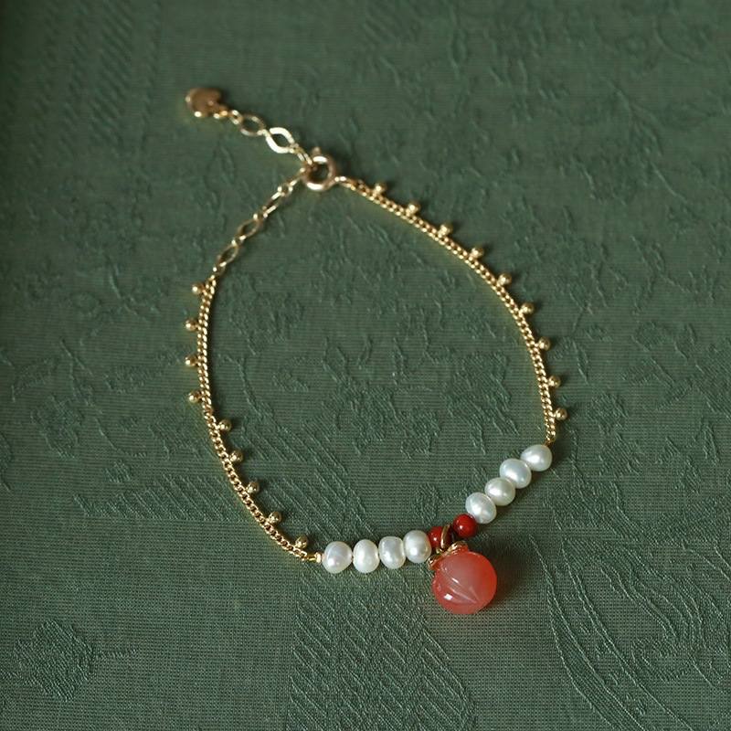 Peach Drop Necklace Bracelet and Earrings Freshwater Pearl and Gold Chain Jewelry Set for Girls