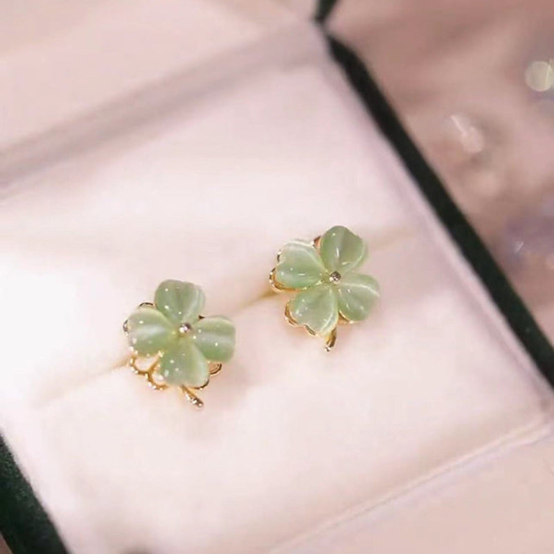 Opal Clover Stud Earrings Necklace and Rings White and Green Lucky Four Leaf Jewelry Set