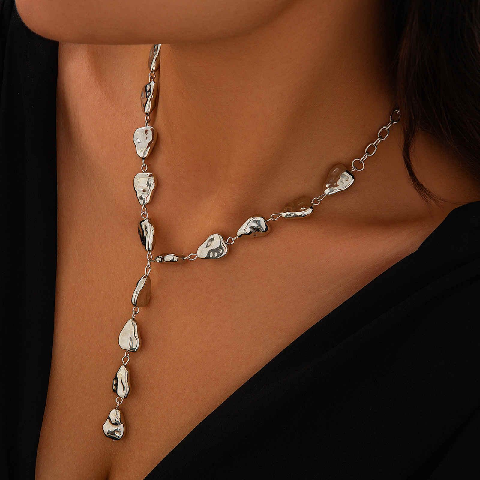 Gold and Silver Long Necklace Chain Baroque Stone Style Bead Chain Necklace