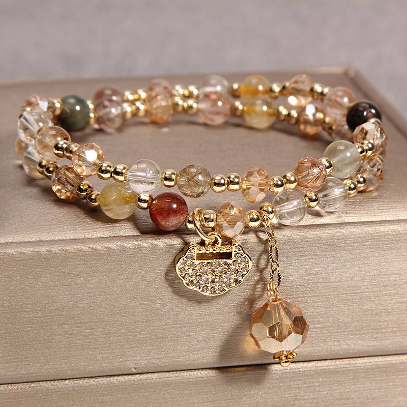 Multistrands Crystal Bracelet | Stacked Color Crystal Bracelet | Simple Longevity Lock Charm Strawberry Crystal Garnet Beaded Bracelet