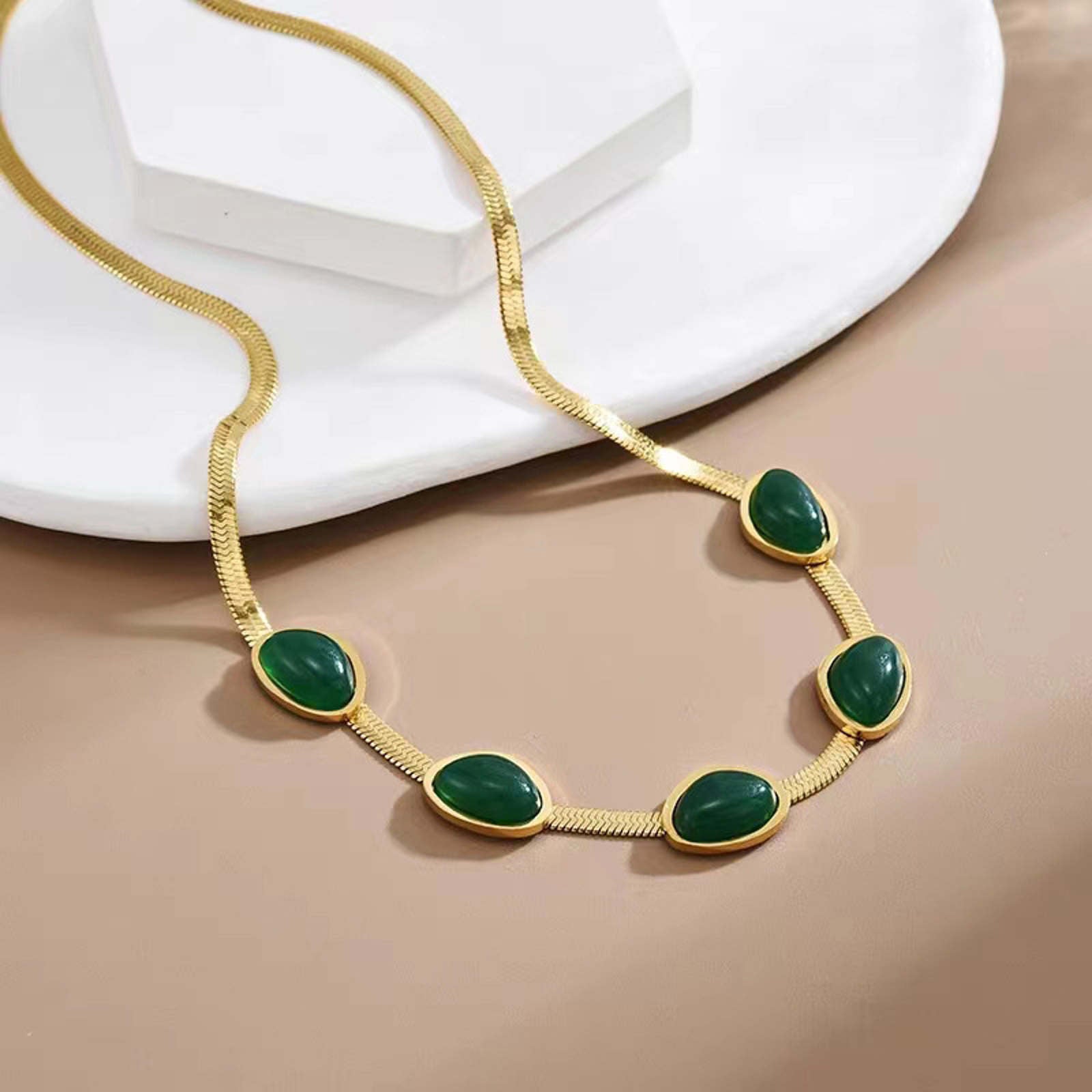 Green Jade Jewelry Set Green Hoop Drop Earrings Gold Snake Necklace and Bracelets