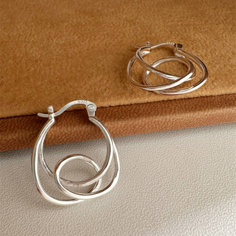 S925 Silver Freeform Hoop Earring | Irregular Hoop Silver Earrings | Large Silver Hoop Circle Earrings