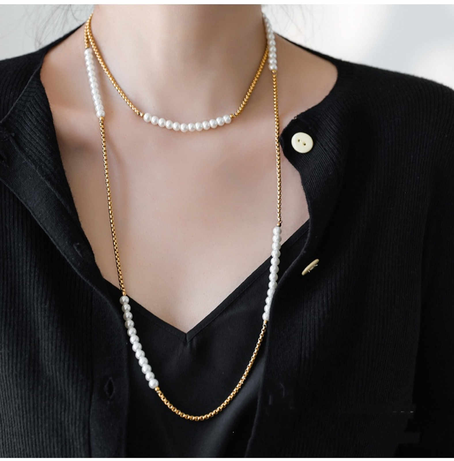 18K Gold Plated Long Shell Pearl Necklace Elegant Pearl Necklace 110cm Length Chain