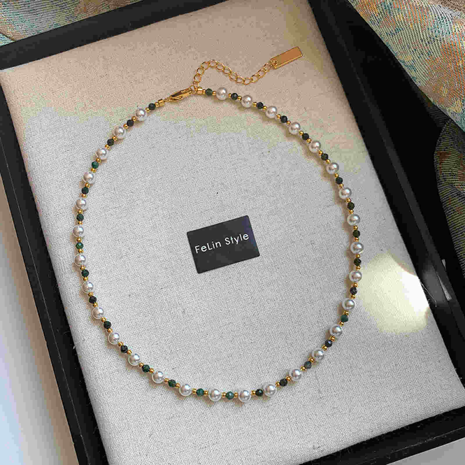 Shell Pearl with Natural Green Stone Necklace Double Layer Necklace